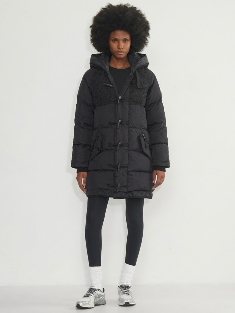 TNA Alpine Arts Mid-Length Down Puffer Coat Charcoal Wool Trim Hooded Parka XXS